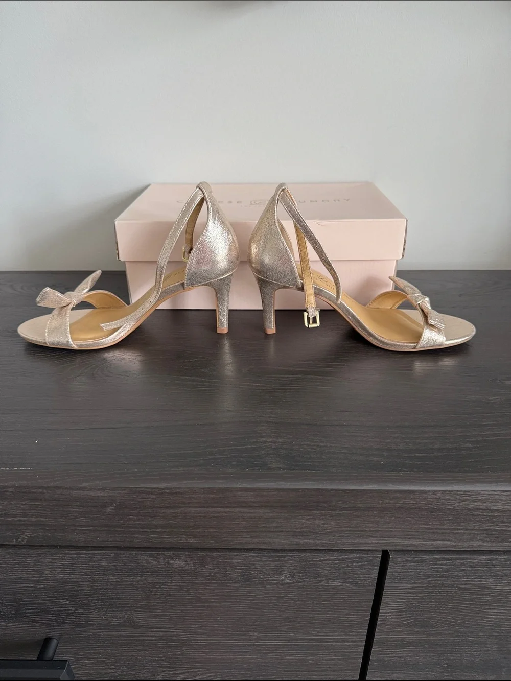 Chinese Laundry Metallic Gold Ankle-Strap Heels with Bow